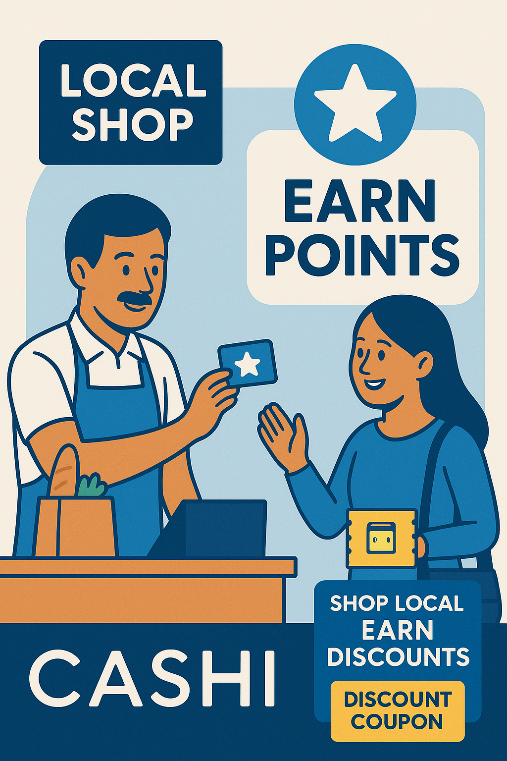 Smiling shop owner handing a bag to a customer