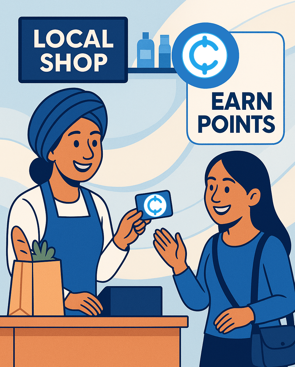 Smiling shop owner handing a bag to a customer